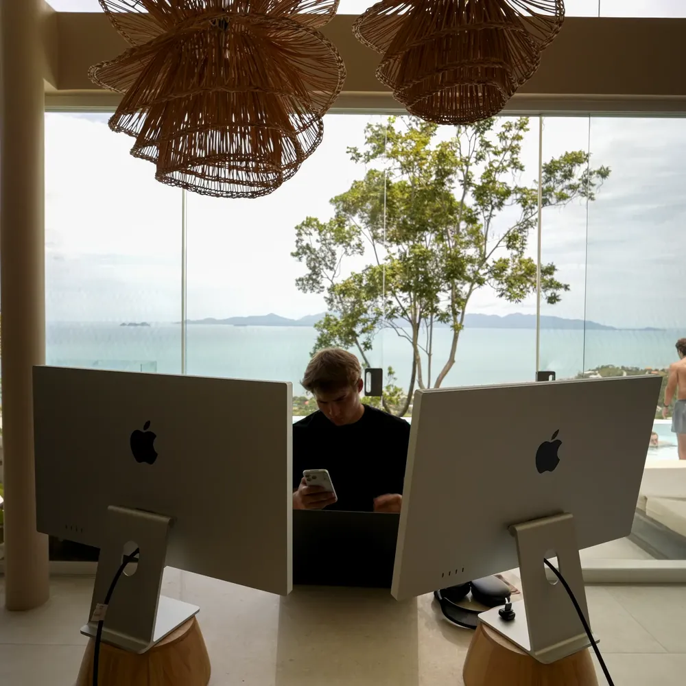 Jake working on his laptop